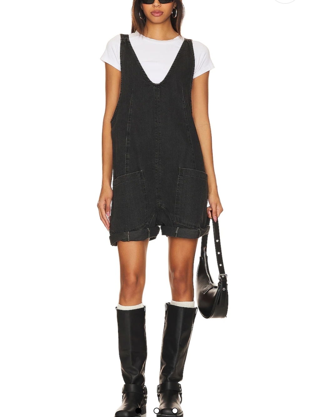 Free People High Roller Shortall Black Denim Overall Romper We The Free, XS